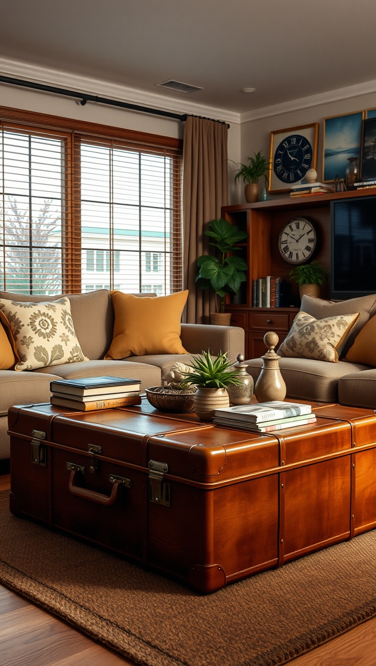 20 Enchanting Ideas for a Vintage Travel Themed Living Room - 1. Vintage Suitcase Coffee Table