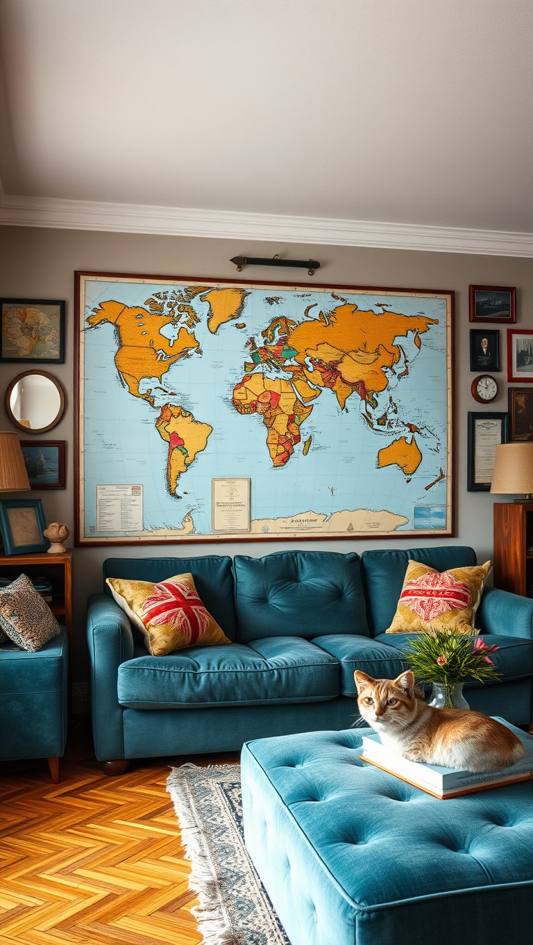 20 Enchanting Ideas for a Vintage Travel Themed Living Room - 2. World Map Gallery Wall