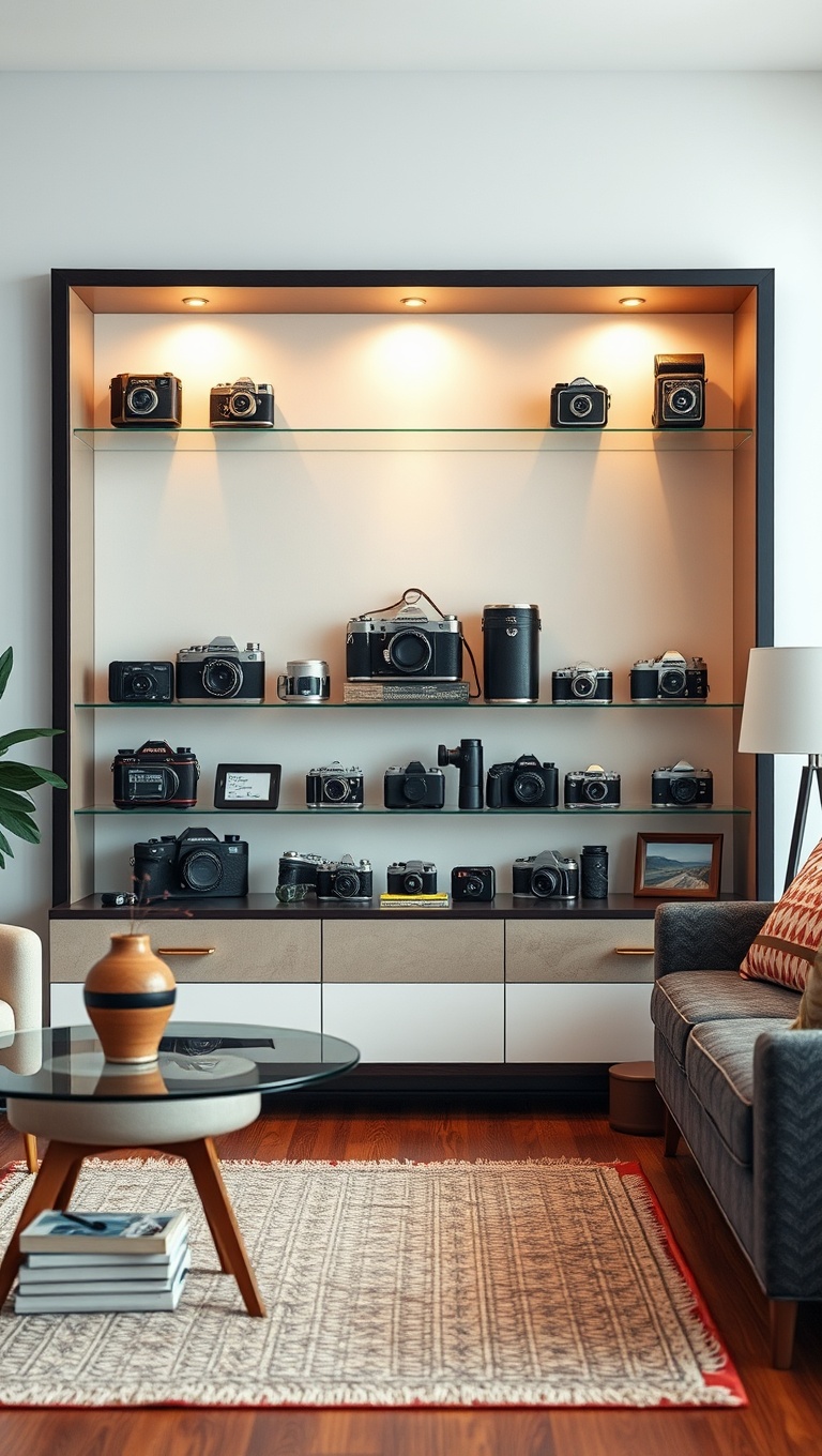 20 Enchanting Ideas for a Vintage Travel Themed Living Room - 10. Vintage Camera Display