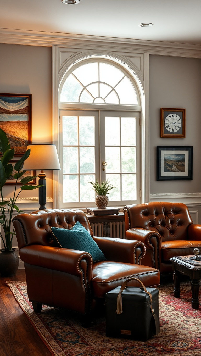 20 Enchanting Ideas for a Vintage Travel Themed Living Room - 6. Classic Leather Armchairs
