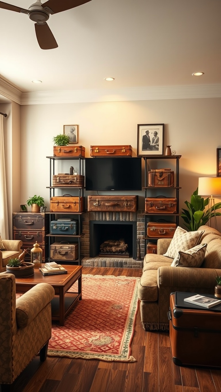 20 Enchanting Ideas for a Vintage Travel Themed Living Room - 18. Antique Suitcase Shelves