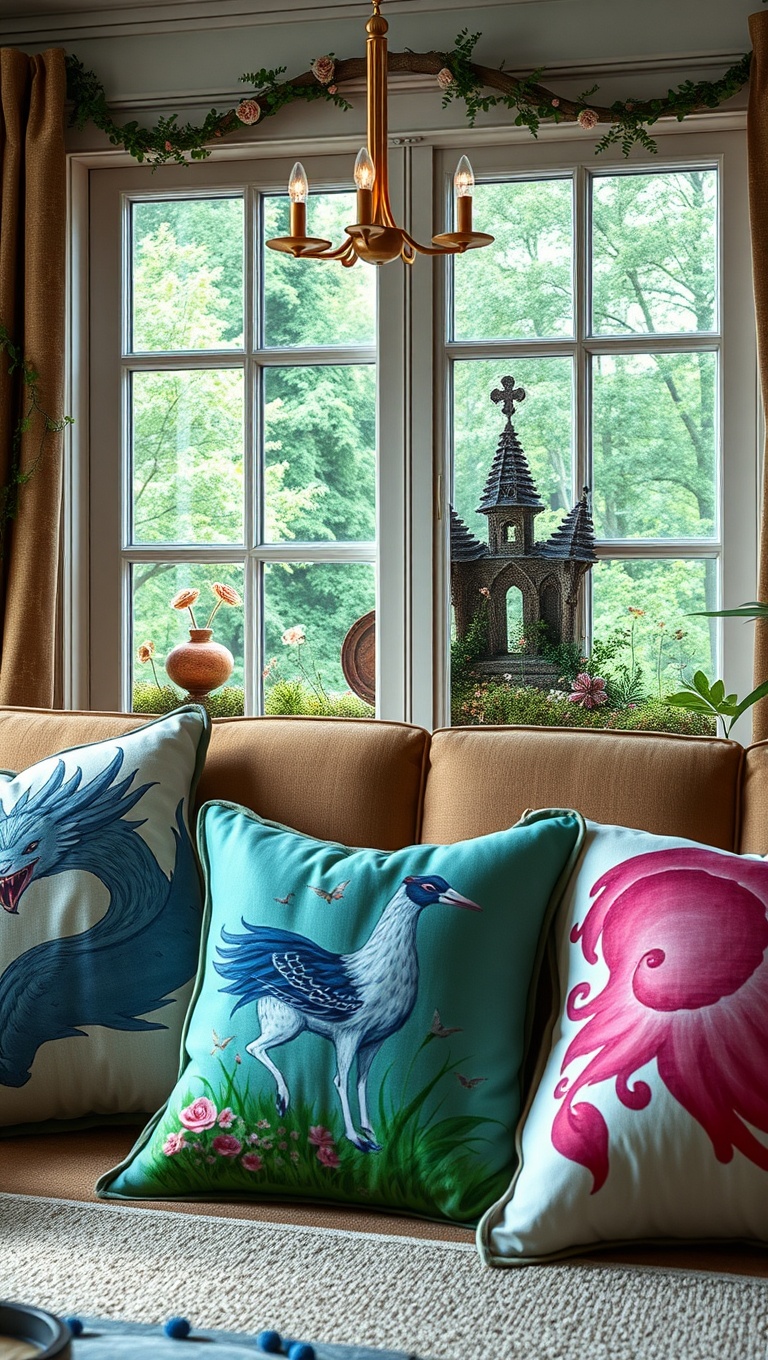 20 Enchanting Ideas for a Whimsical Fairy Tale Living Room - 7. Fantasy-Themed Throw Pillows