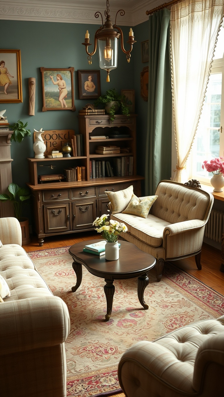 20 Enchanting Ideas for a Whimsical Fairy Tale Living Room - 2. Vintage-Inspired Furniture